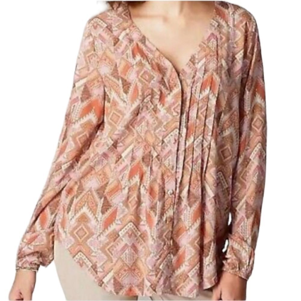 EC J.JILL PATCHWORK STYLE PLEATED BUTTON UP BLOUSE SZ.S